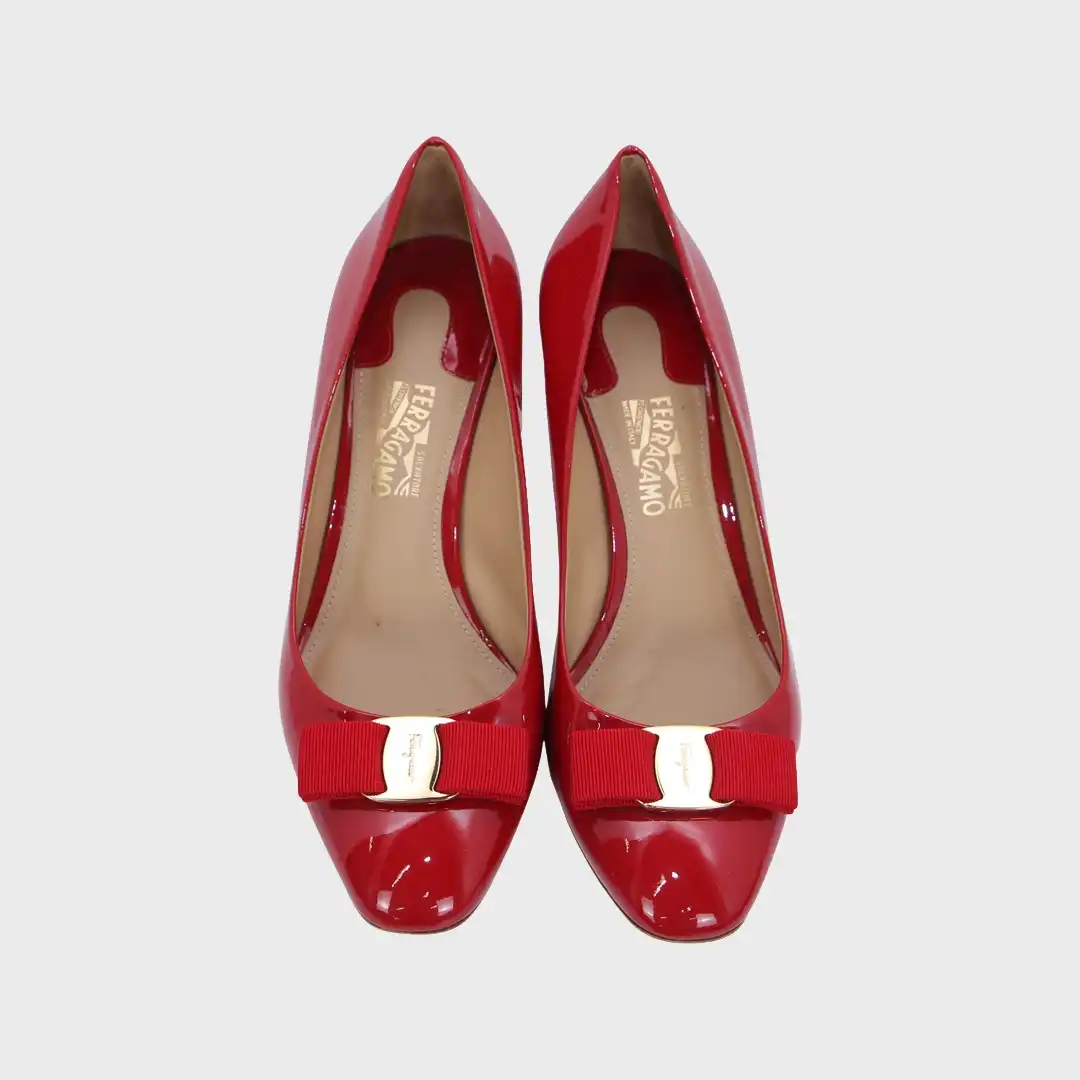 Salvatore Ferragamo Red Vara Bow Patent Leather Pumps Shoes