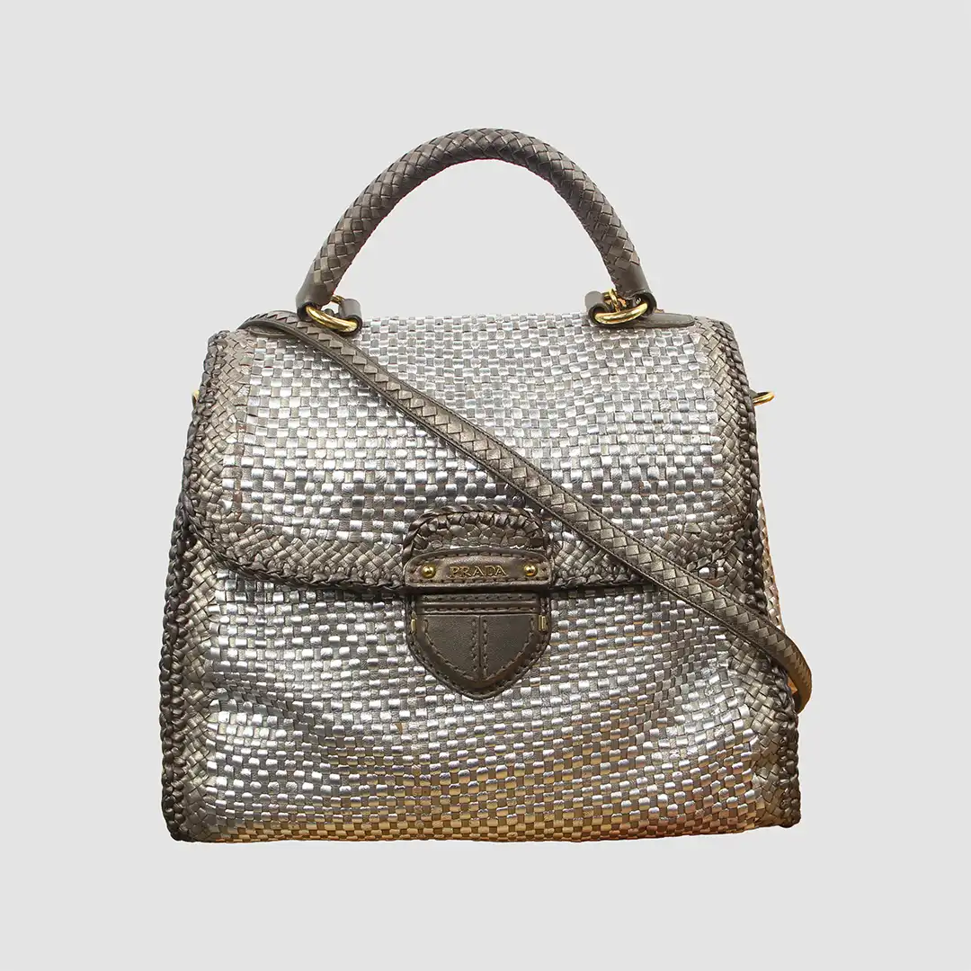 Prada Milano Silver Gold Metallic Goatskin Woven Top Handle Bag