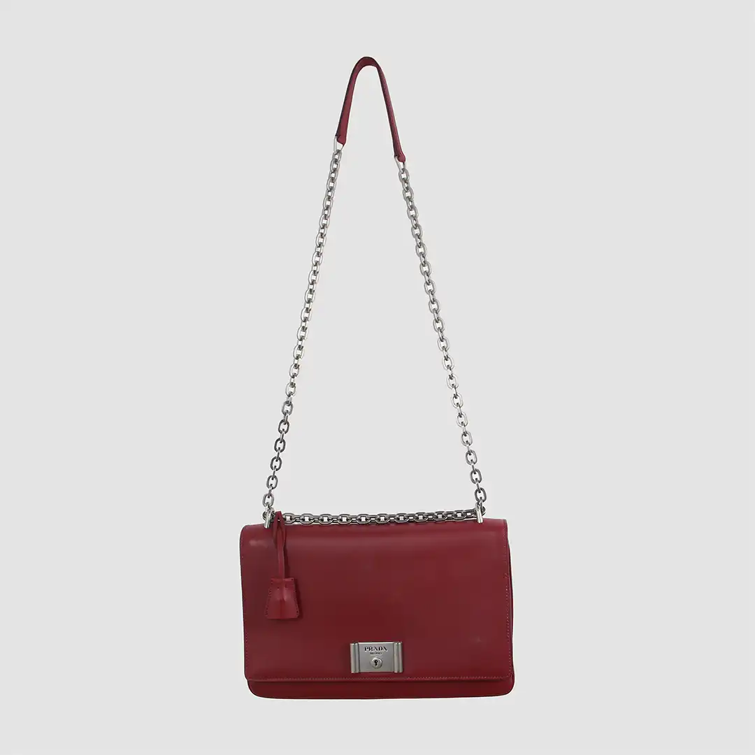 Prada Milano Burgundy Leather Lock Flat Shoulder Bag