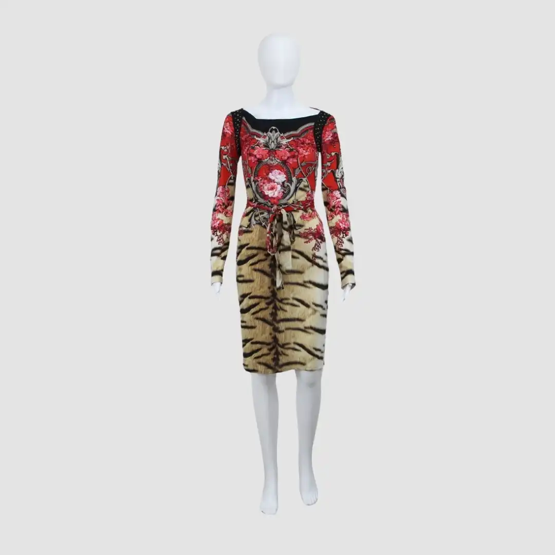 Roberto Cavalli Multicolor Floral Print Long Sleeve Midi Dress