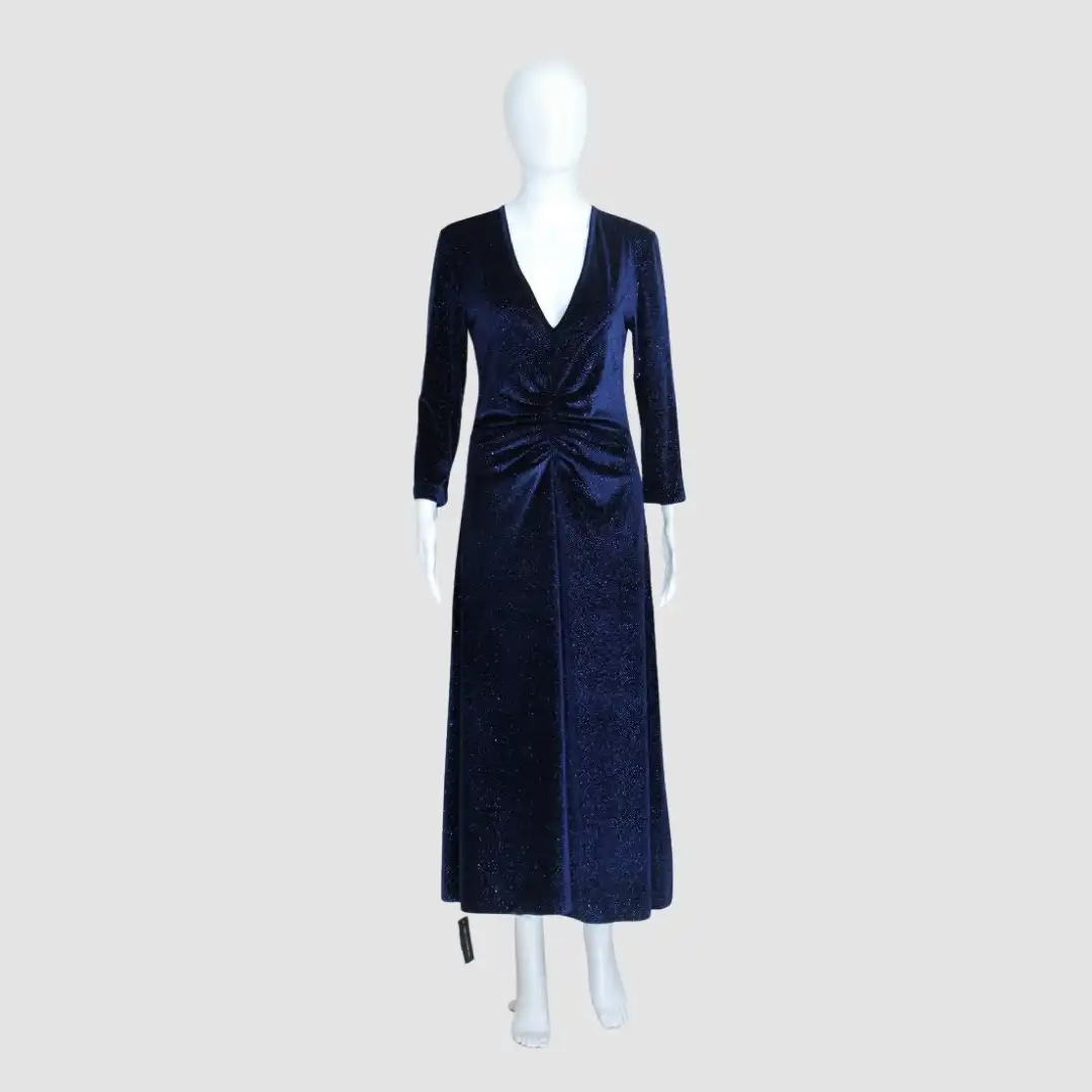 Rotate Birger Christensen in Twilight Blue Valvet Glitter V-neckline Long Sleeve Slit on Style Midi Dress