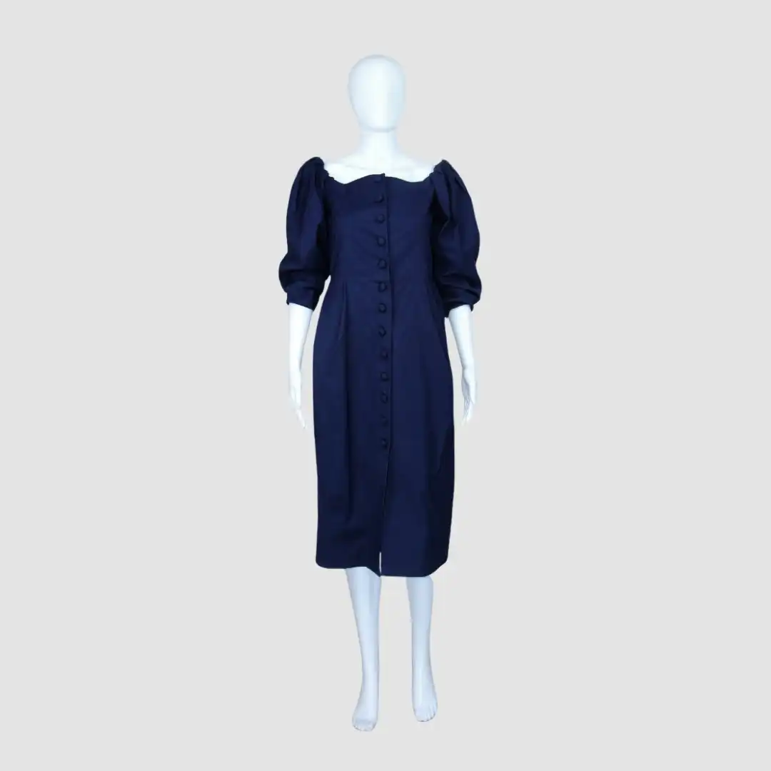 Sea Blue Lennox Structure Balloon Sleeve Pencil with Circle Button Up Dress