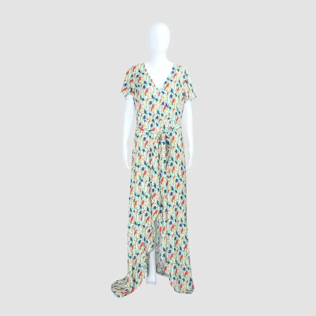 Alice+Olivia Multicolor Bird Print V-neck Front Slit Zipper back Maxi Dress