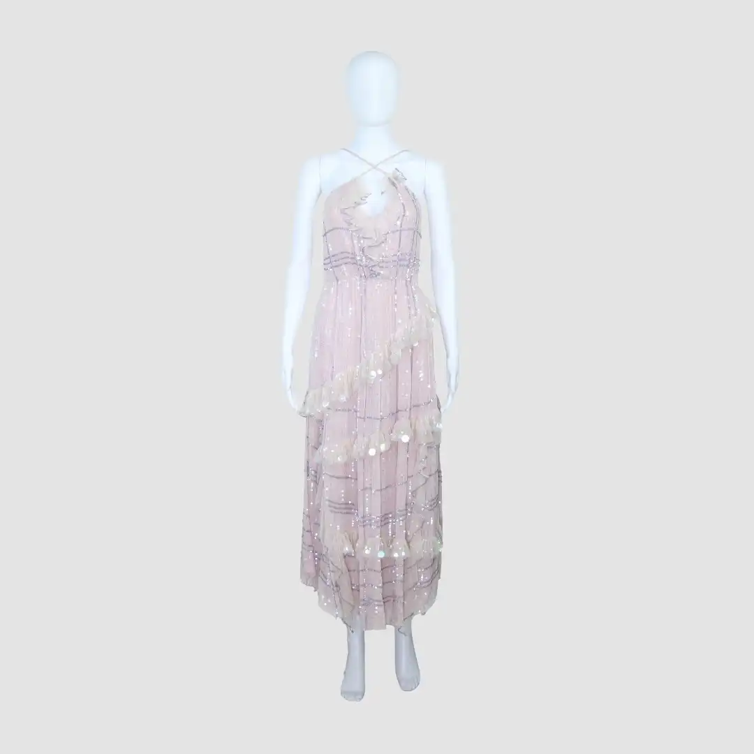 Temperley London Pastel Pink V-neck Sylvan Tiered Crepe De Chine Back Zipper Mini Dress