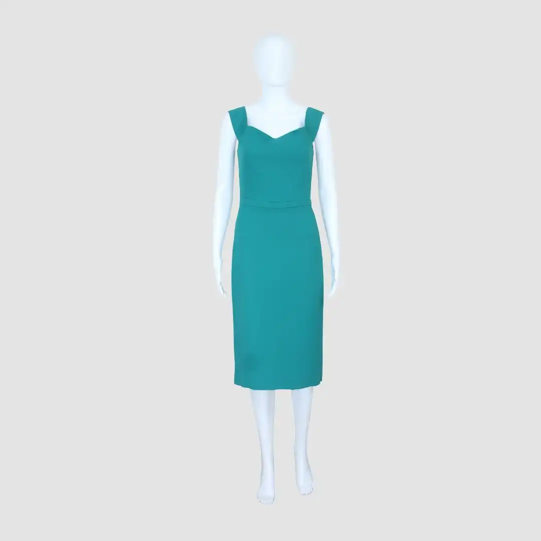 Gucci Blue Green Off the Shoulder Back Zipper Midi Dress