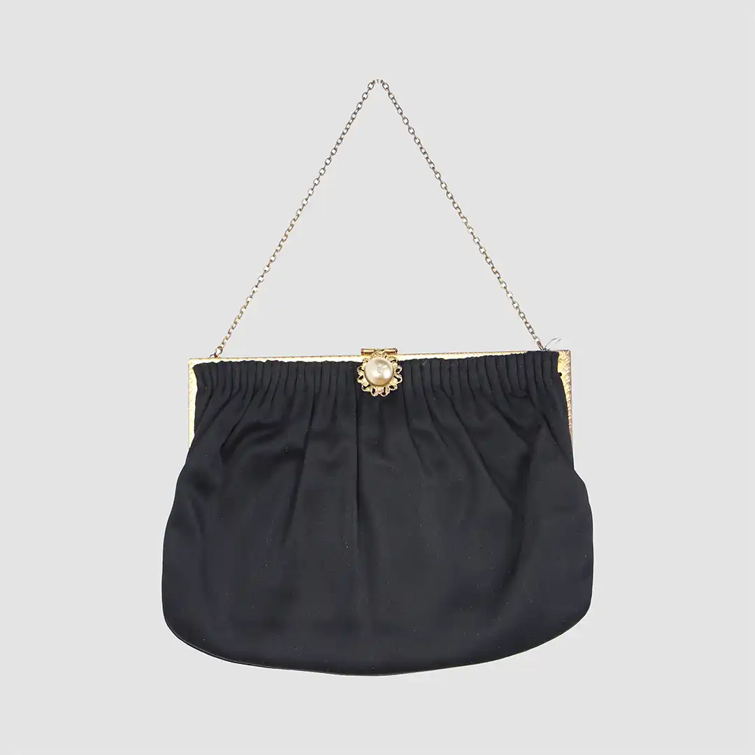 Vintage Black Satin Clutch Pearl Kiss Lock Closure Cocktail Bag