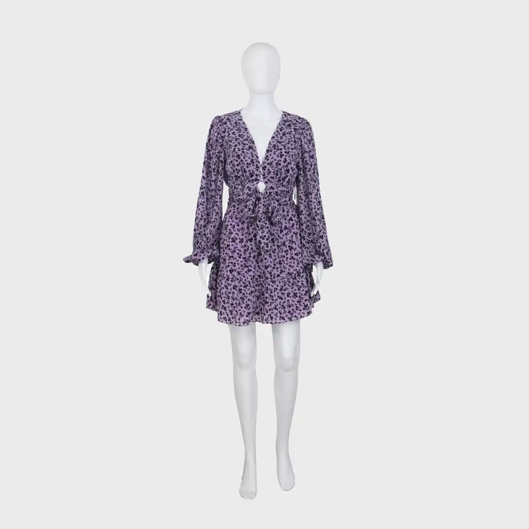 Tussah Light Purple V-Neck with Floral Print Long Sleeve Midi Dress