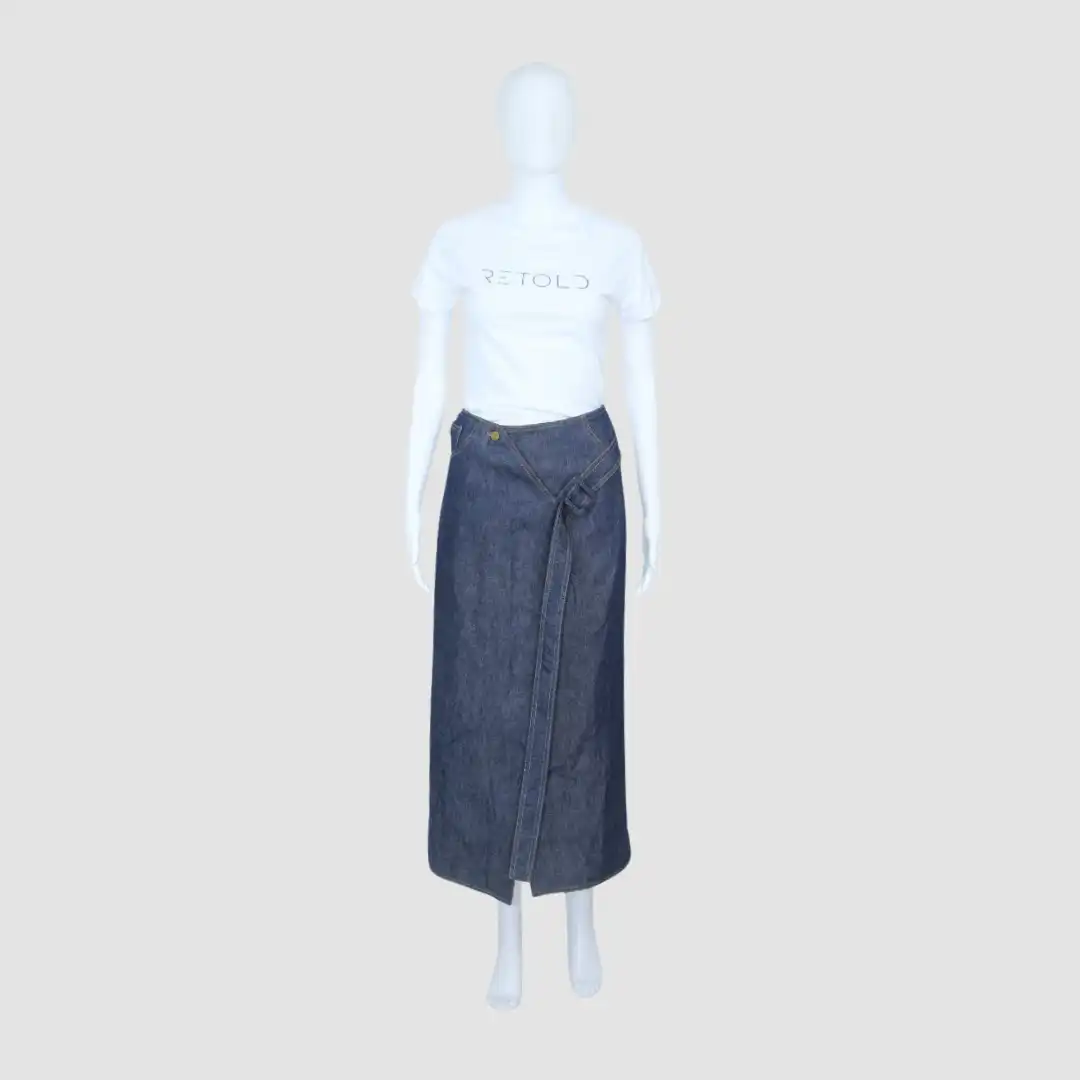 Materiel Blue Diagonal Belt Midi Denim Skirt