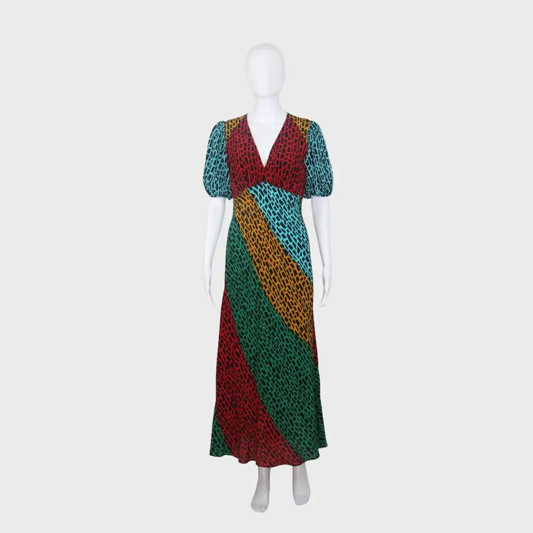 Rixo London Multicolor Animal Print V-Neck Puffed Sleeves Maxi Dress