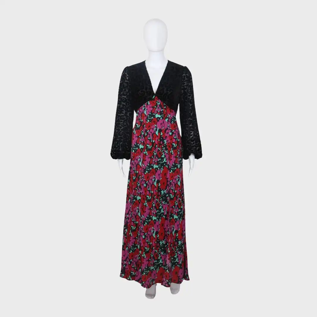 Rixo London Multicolor Floral Print V-Neck Long Sleeves Front Slit Maxi Dress