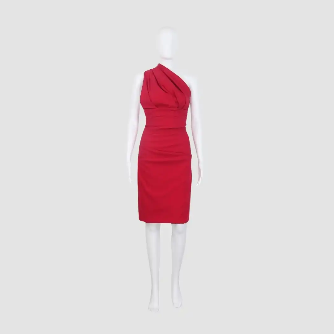 Preen Red One Shoulder Side Zipper Midi Dress