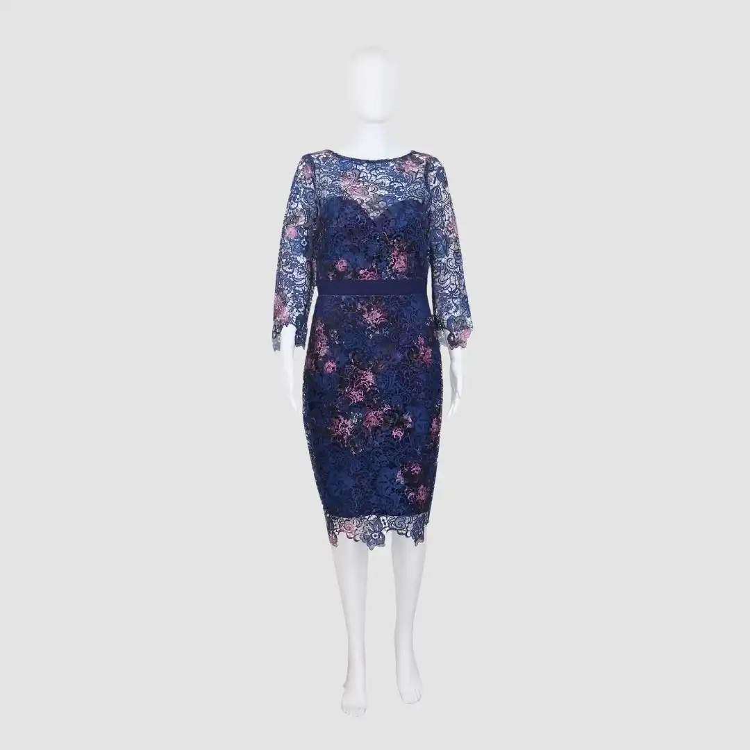 Paper Dolls Navy Blue Lace Floral Print Long Sleeve Midi Dress