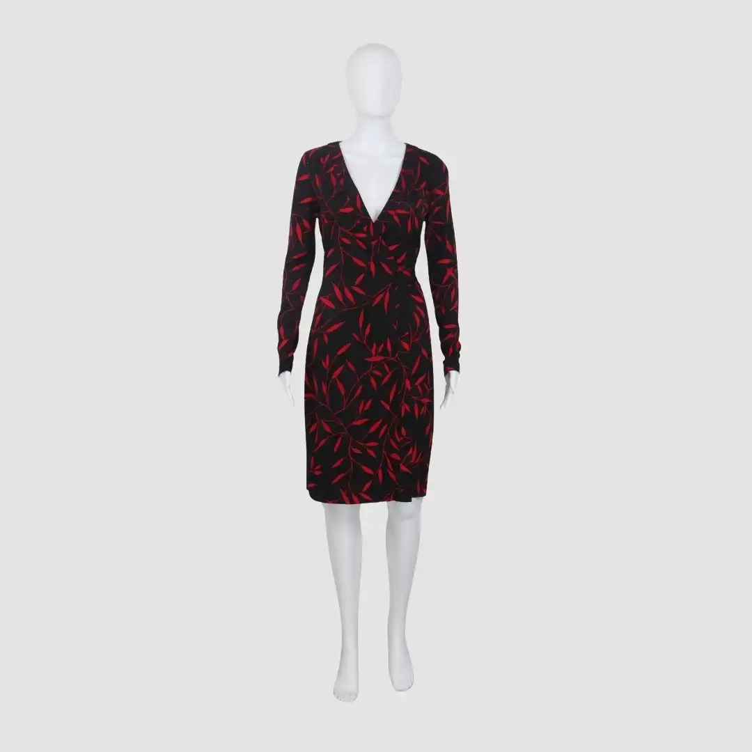 Diane Von Black Leaf Print Long Sleeve Wrap Midi Dress