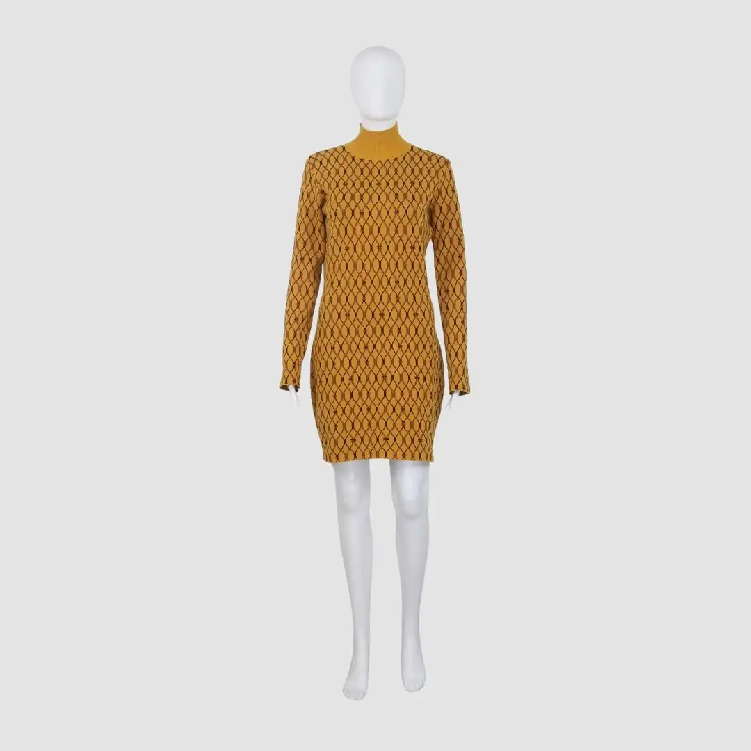 Elisabetta Franchi Mustard Yellow Printed High Neck Long Sleeves Midi Dress