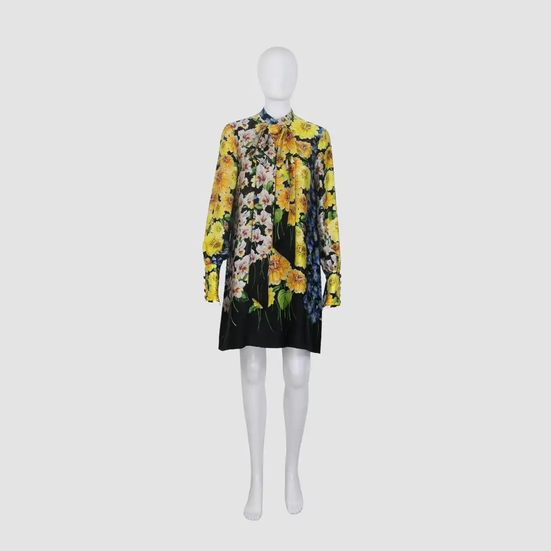 Gucci Multicolor Floral Print Long Sleeve Midi Dress