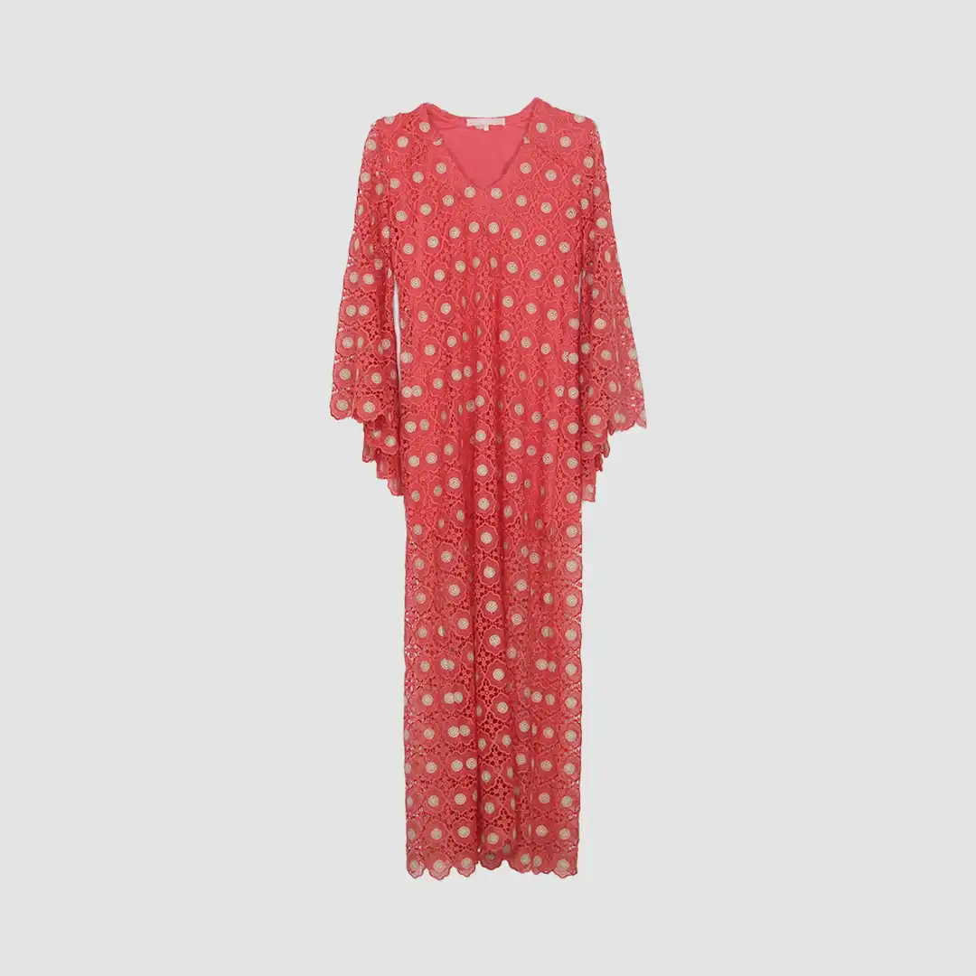 Valerie Khalfon Coral Lace V-Neck Long Sleeve Maxi Dress