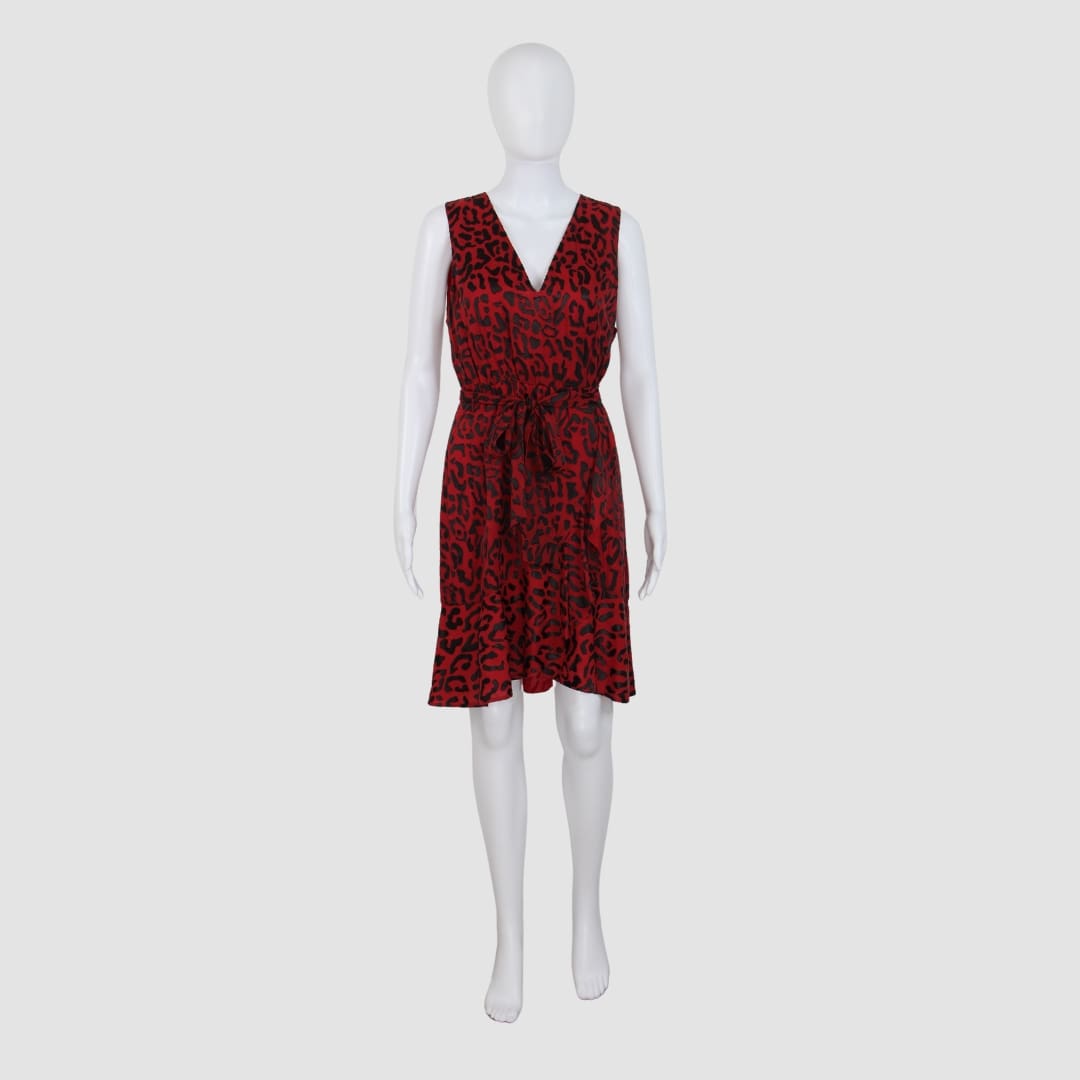 Alice + Olivia Red Leopard Print V-neck Sleeveless Midi Dress