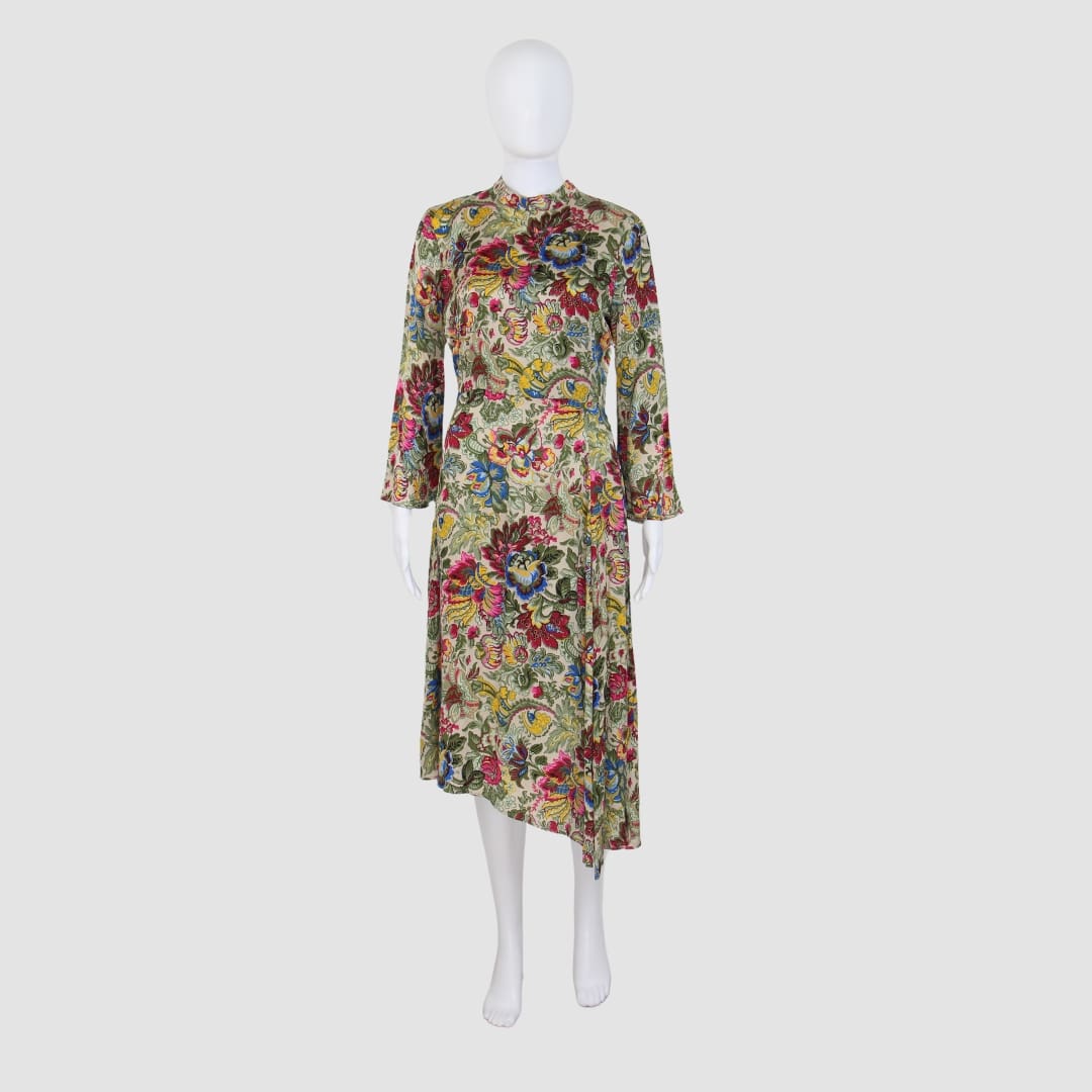 Sandro Multicolor Floral Print Long Sleeve Midi Dress