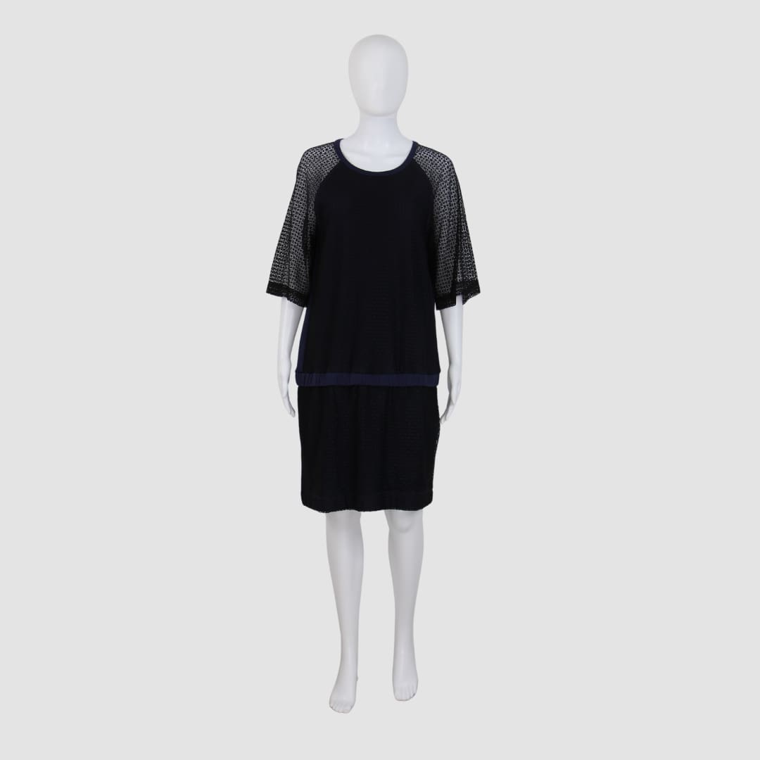 SeeByChloe Navy Blue Lace Short Sleeve Midi Dress