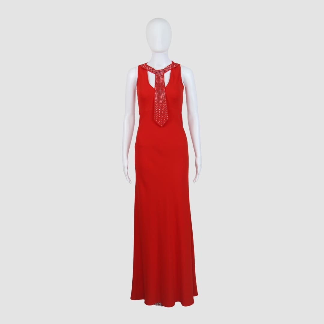 Sonia Rykiel Red Sleeveless V-Neck With Neck Tie Maxi Dress