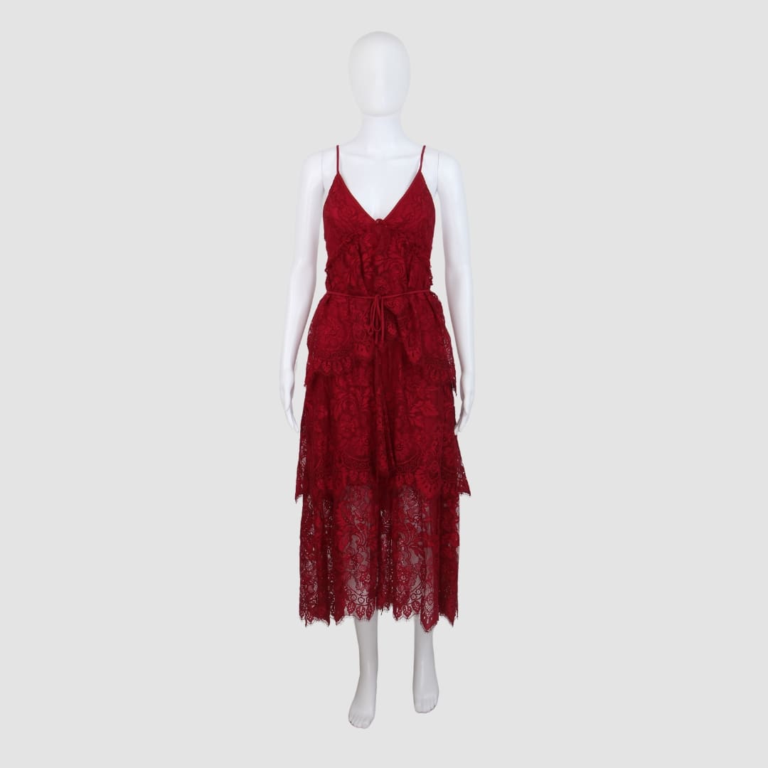 BCBGMaxazria Red Lace Backless Halter Neck Midi Dress