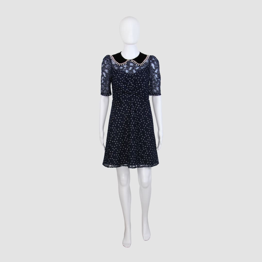 Sandro Navy Blue Lace Short Sleeve Mini Dress