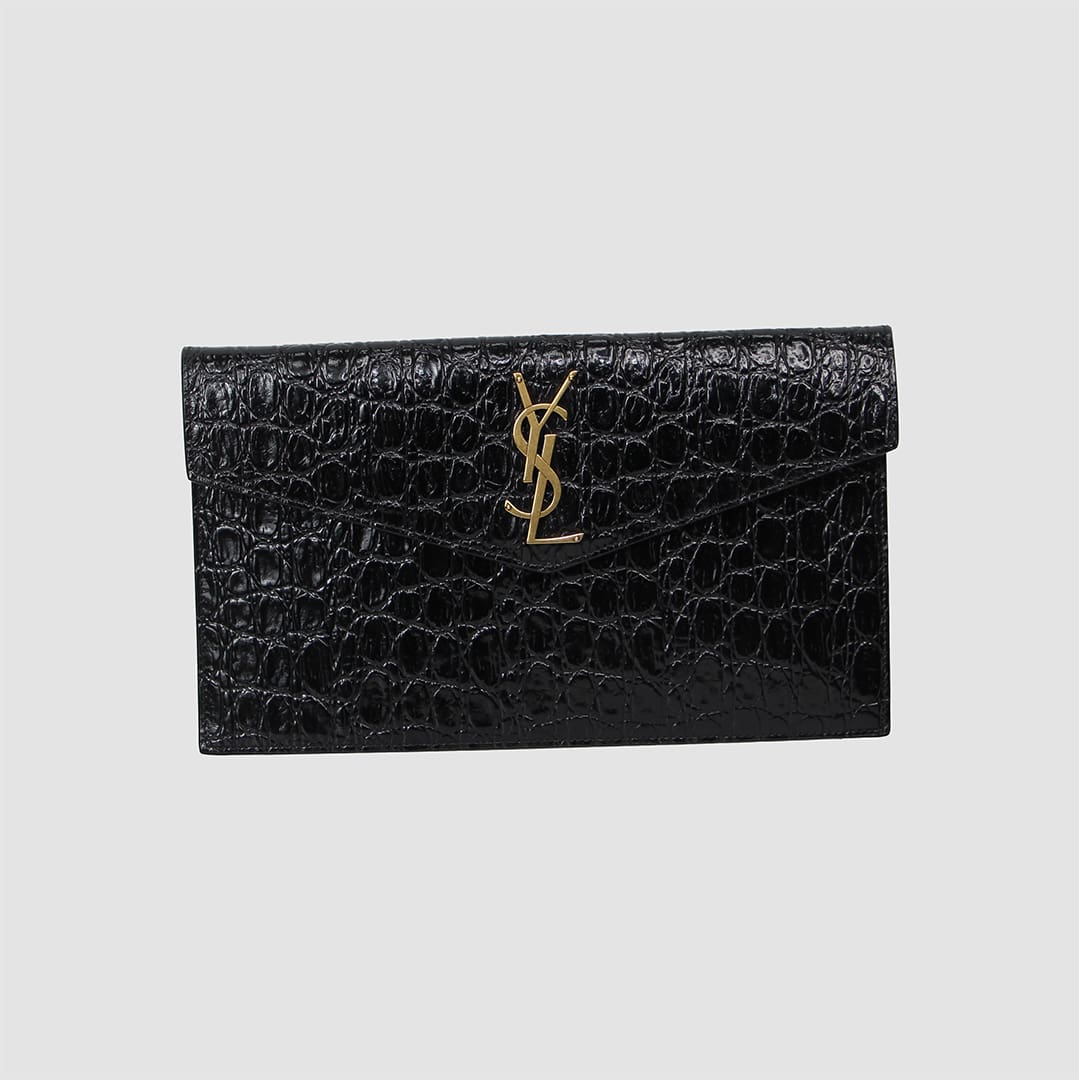 Saint Laurent Black Vintage Uptown in Crocodile Embossed Leather Shiny Pouch