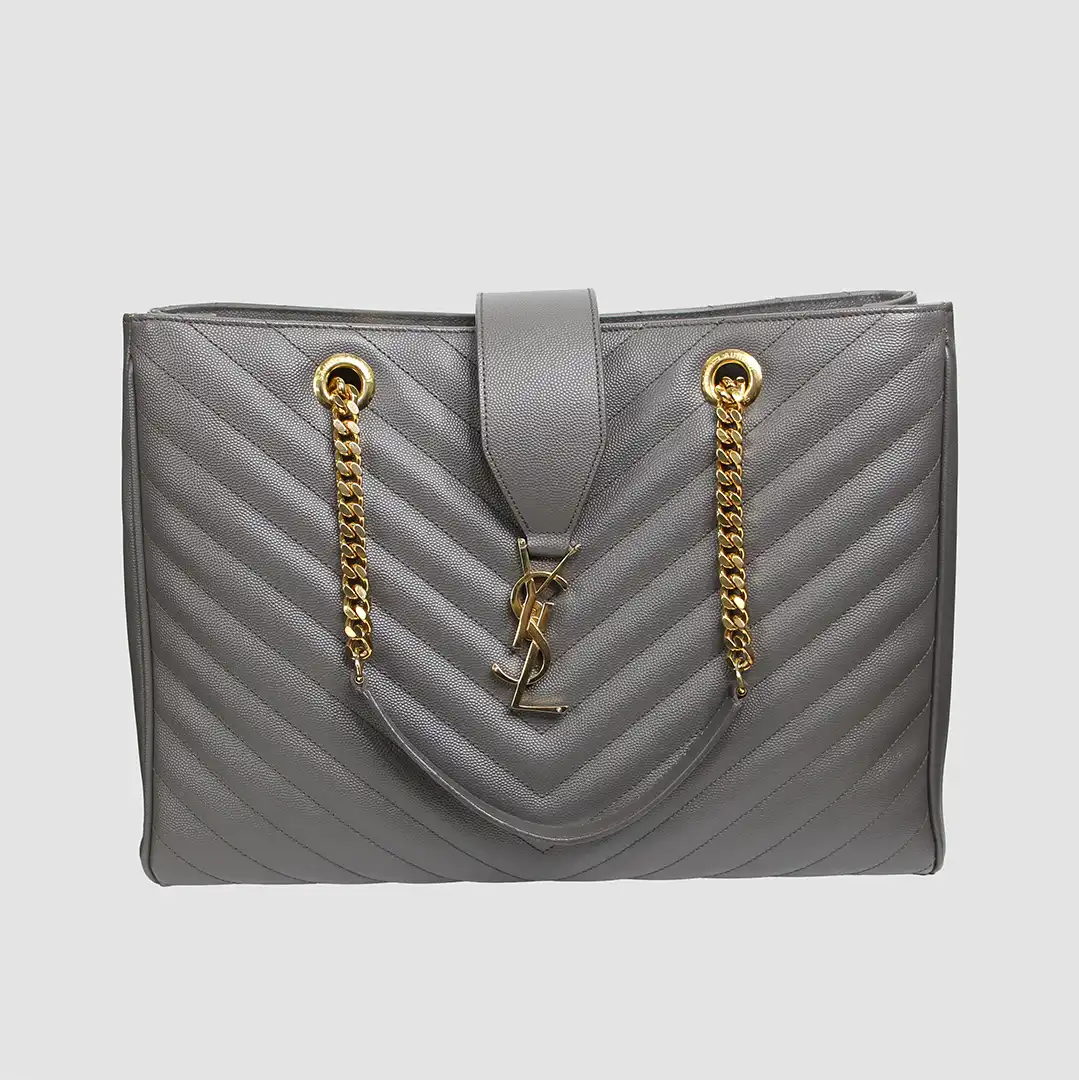 Saint Laurent 2012-2020 Gray Quilted Grain de Poudre Monogram Tote Bag