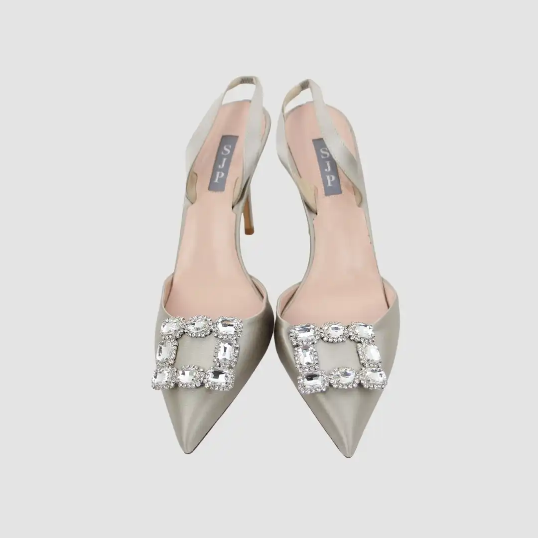 Sarah Jessica Parker Silver Faux Leather Pointed Toe Shape Close Toe Slingback Heels Adjustable Strap