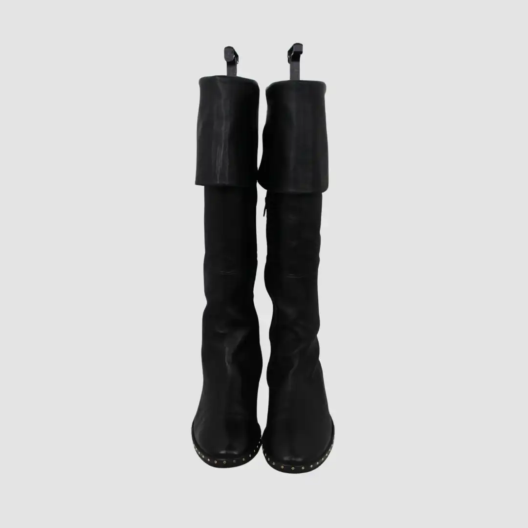 Marc Ellis Black Leather Over The Knee Flat Boots Featuring stud Embellished Welt