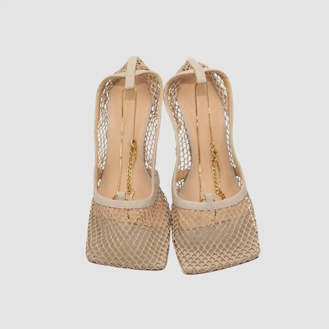 Bottega Veneta Beige Mesh and Leather Stretch Chain Ankle Strap Pumps