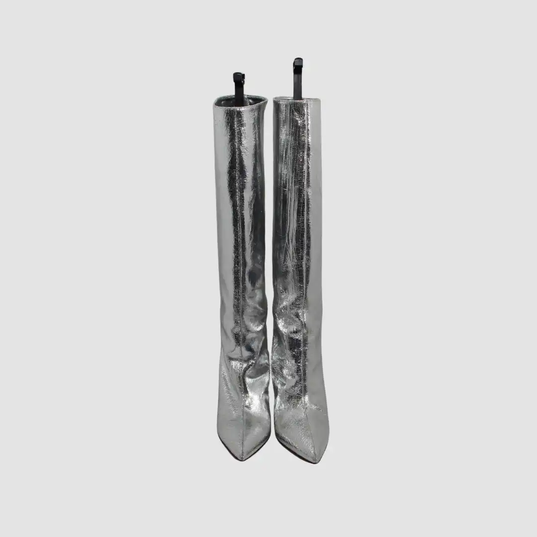 Kristina Fidelskaya Silver Pointy Toe Stiletto Knee High Boots Feature Leather Upper