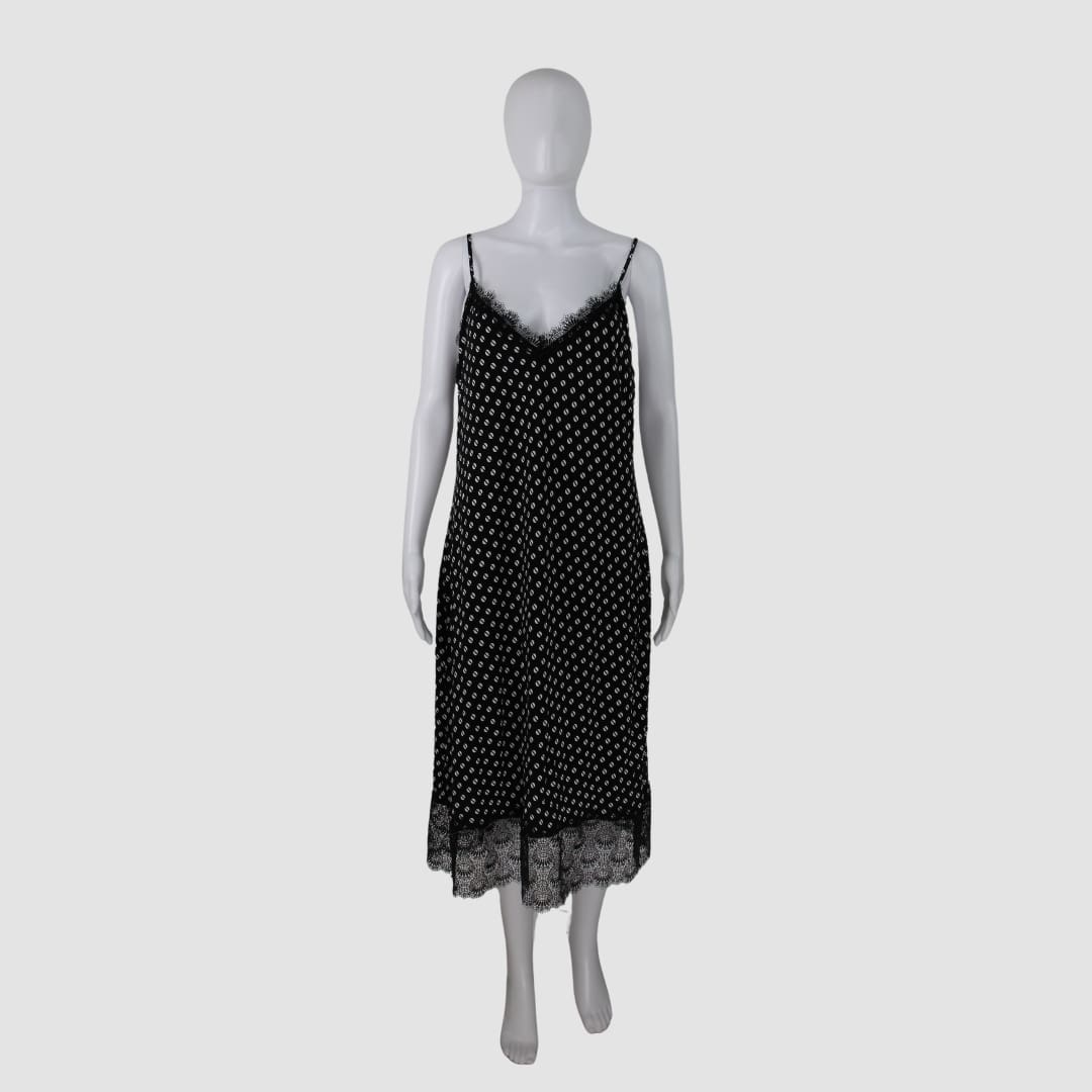 Michael Kors Black Polcadot White Mesh trim Slip Dress