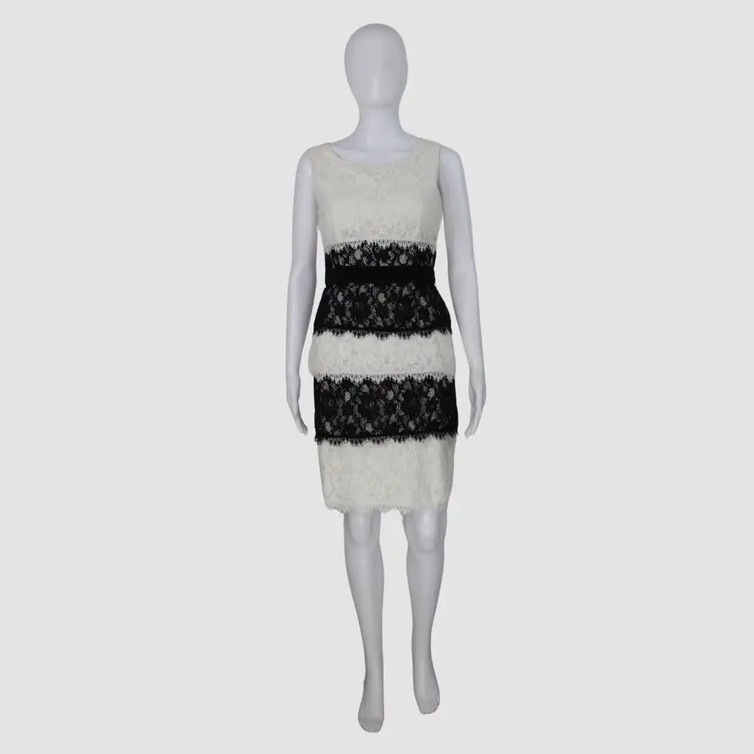 BcbgMaxazria Sleeveless Off White Black NINA Layered Lace Shift Sheath Dress