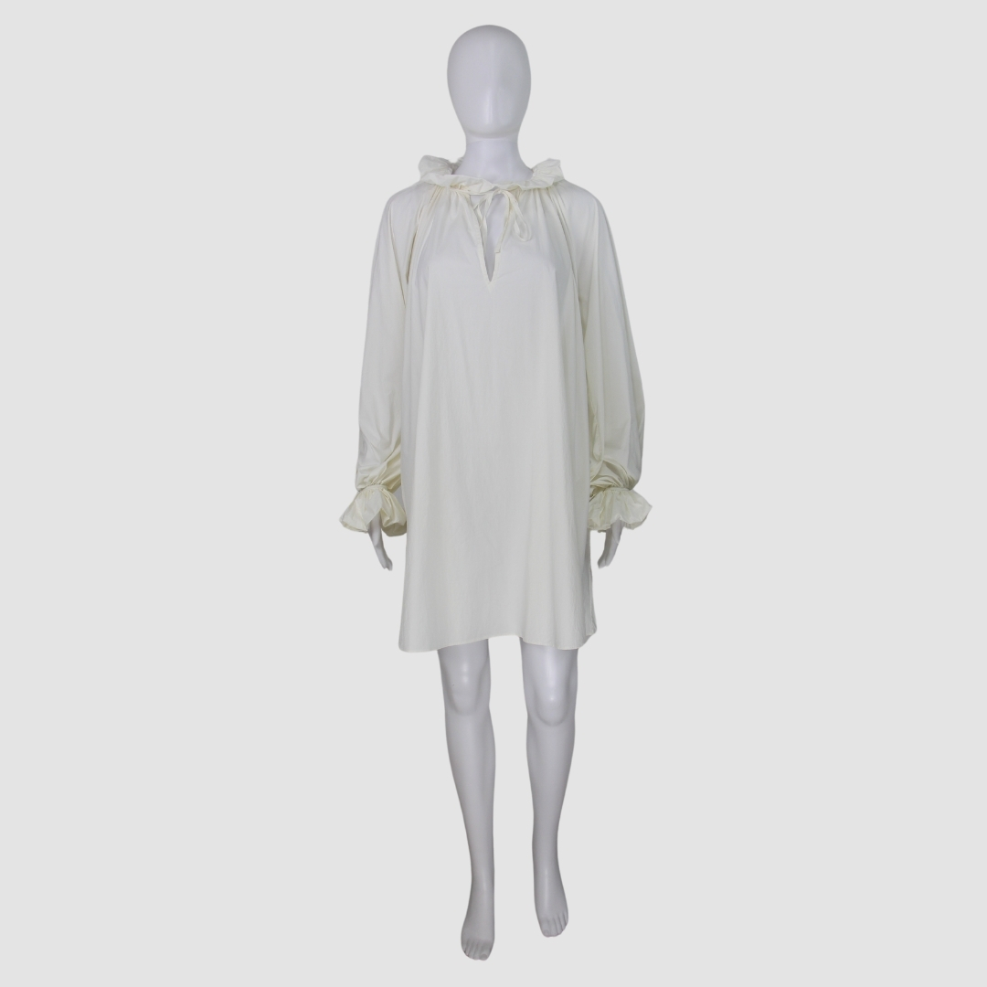 Moschino White Cotton Ruffle Detail Long Sleeve Knee Length Dress