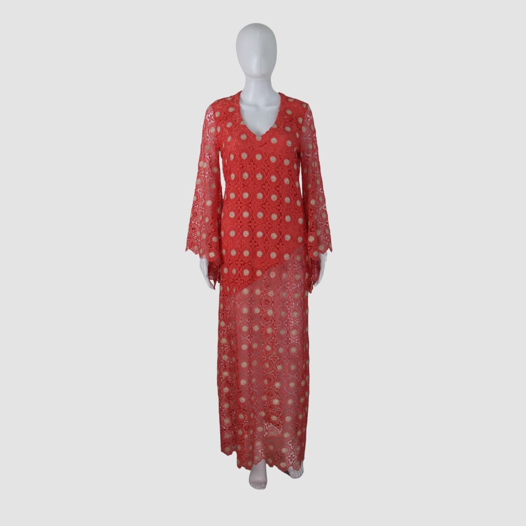 Valerie Khalfon Coral Lace V-Neck Long Sleeve Maxi Dress