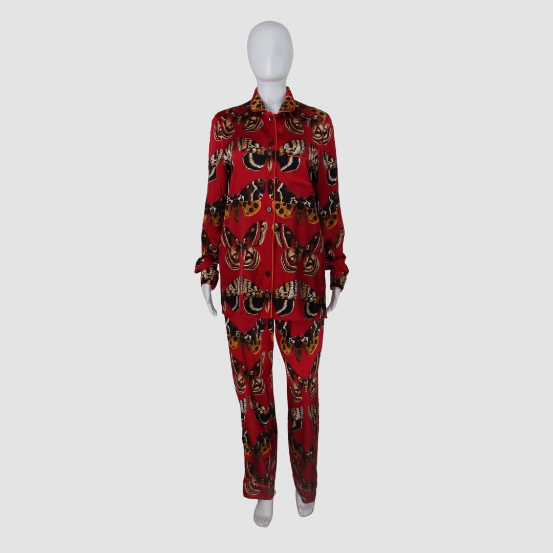 Dolce & Gabanna Red Butterfly Print Silk Pajama Shirt Set