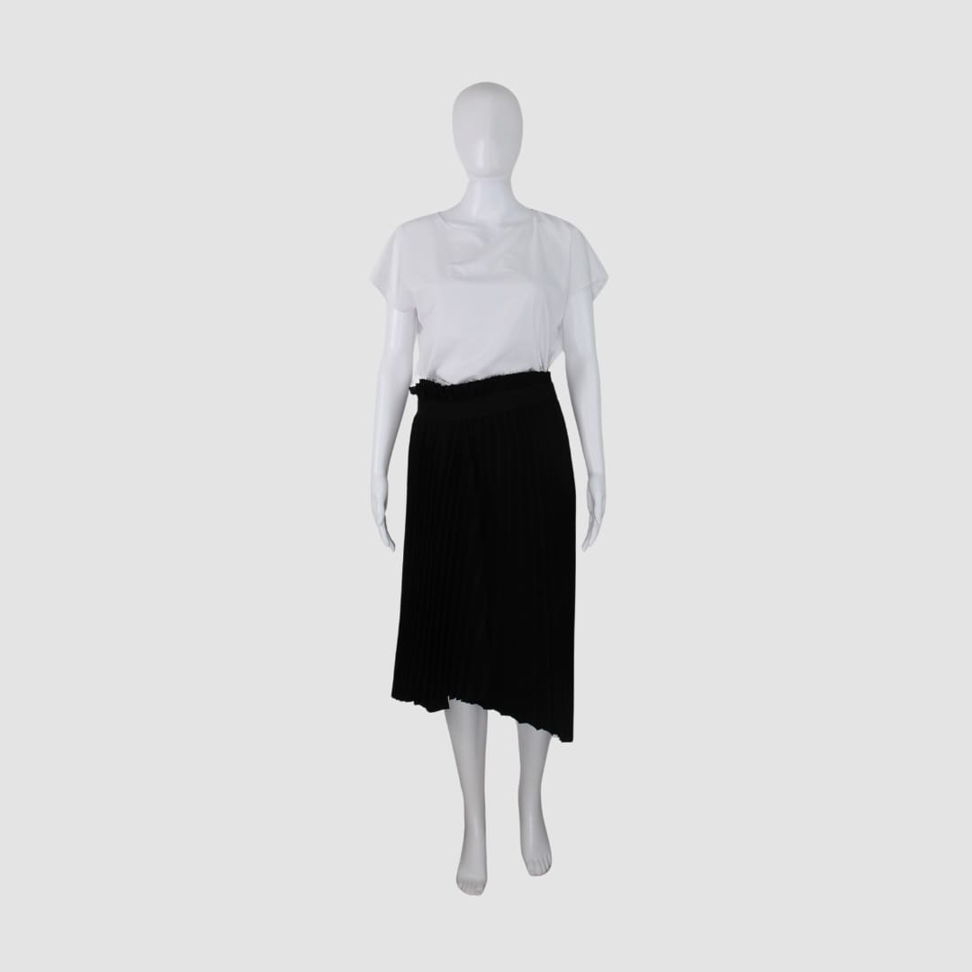 Balenciaga Black Crepe Plisse Asymmetric Midi Skirt