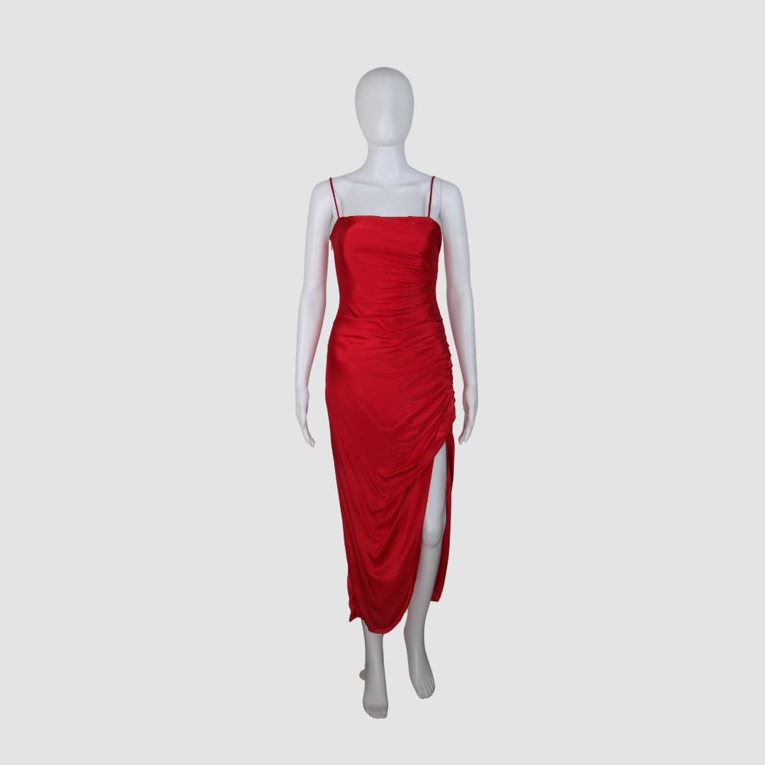 Meshki Red Claudette Satin Drape Midi Dress