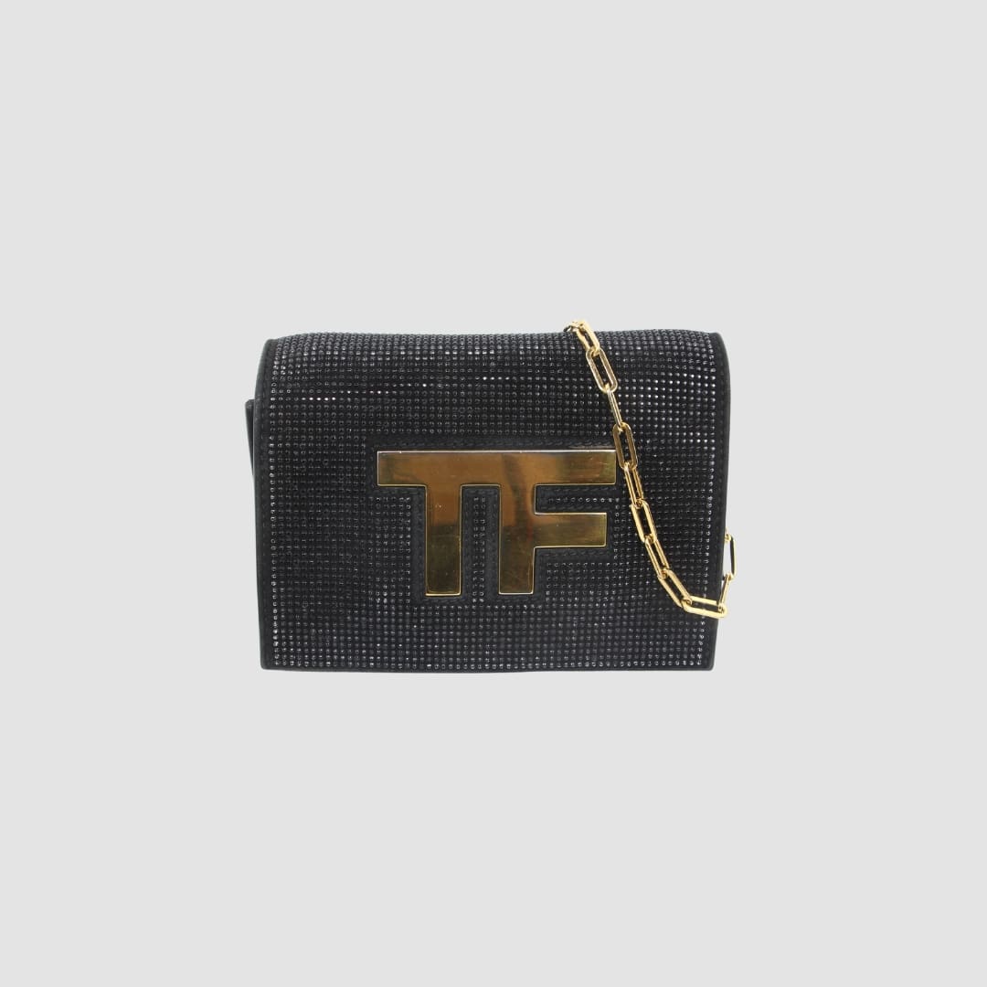 Tom Ford Black Suede Crystal Embellished TF Shoulder Bag