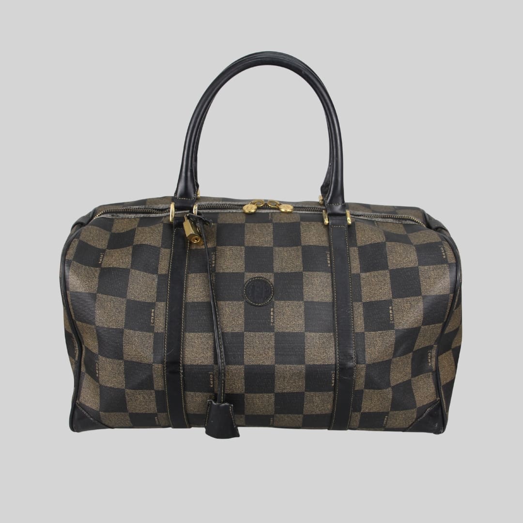 Fendi Brown and Black Pequin Check Boston Bag