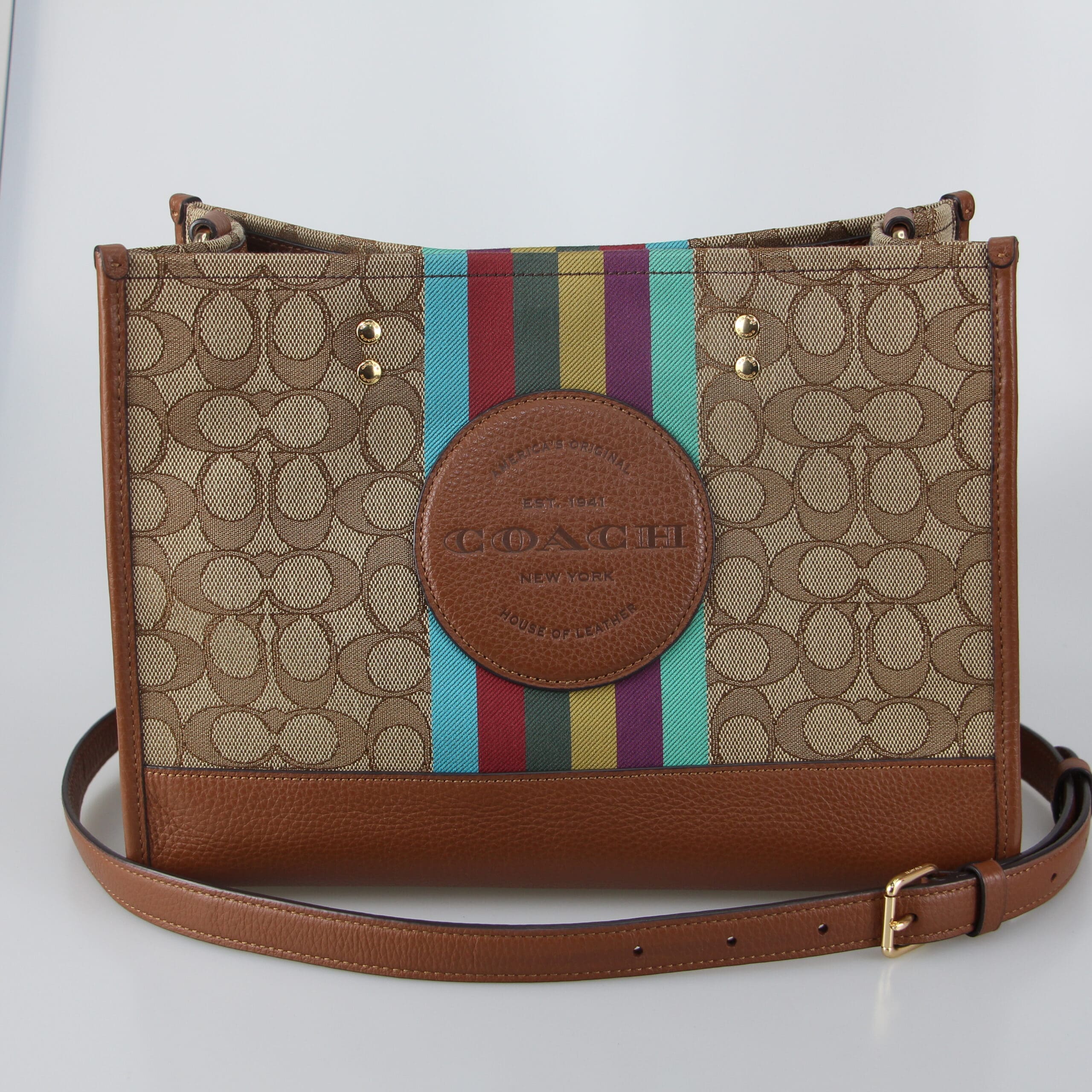 Coach Brown Dempsey Carryall Bag In Signature Jacquard With Stripe And Coach Patch