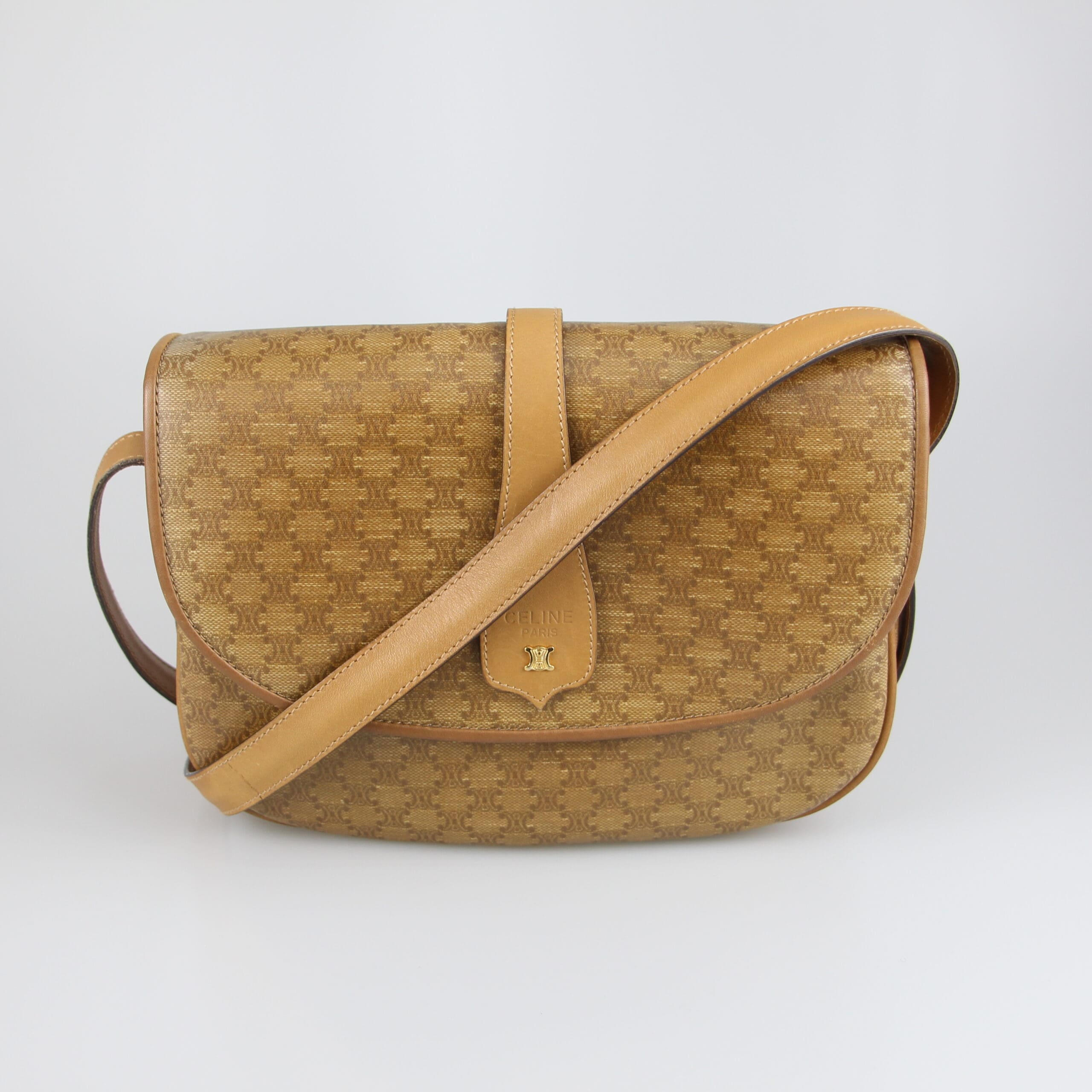 Celine Brown Macadam Leather Canvas Shoulder Bag