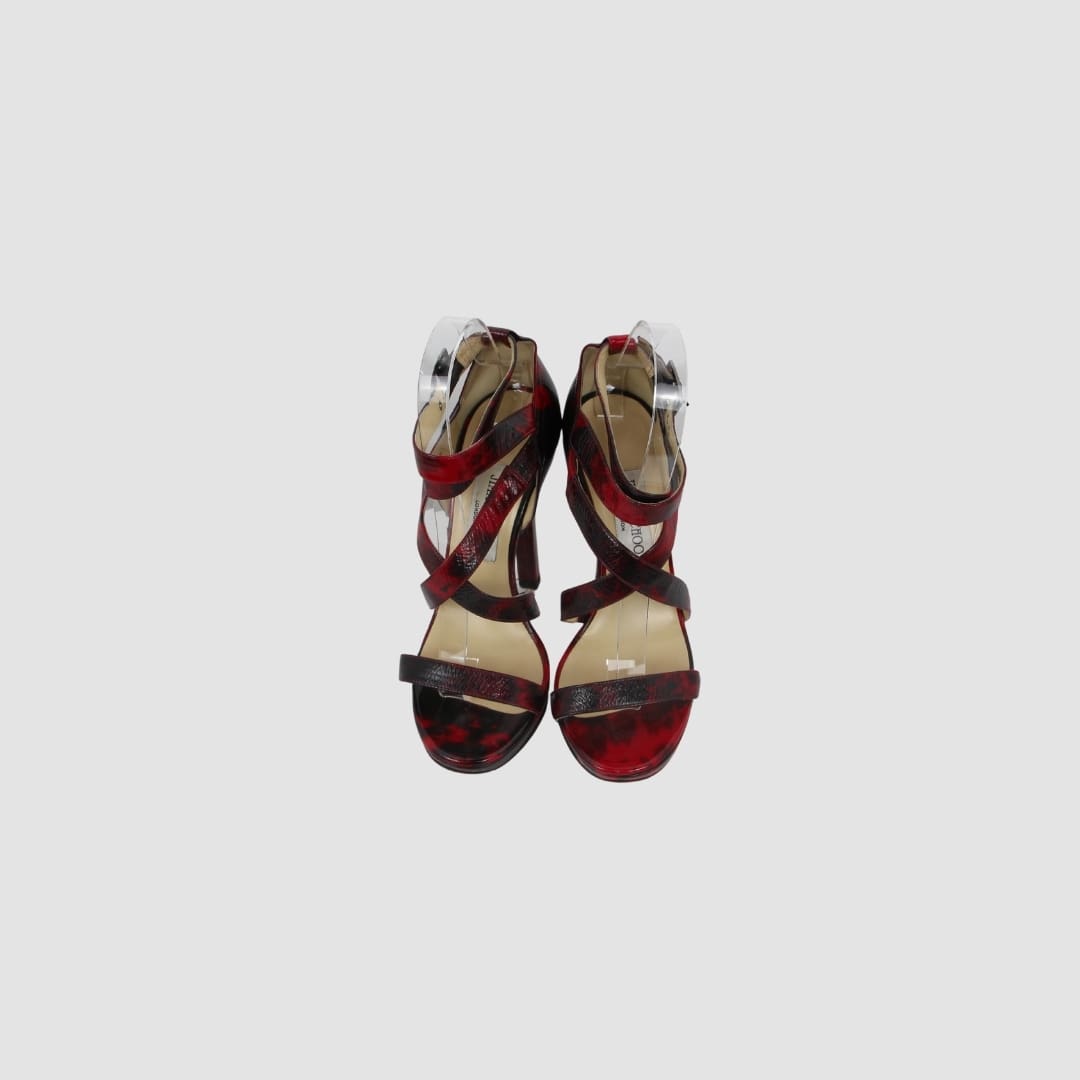 Jimmy Choo Red Black Tortoiseshell Patent Leather Criss Cross Sandals