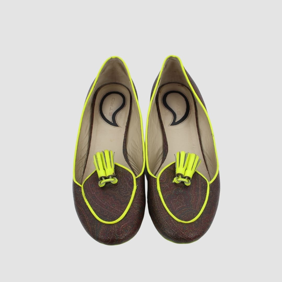 Etro Brown Neon Yellow Paisley Print Ballet Flats