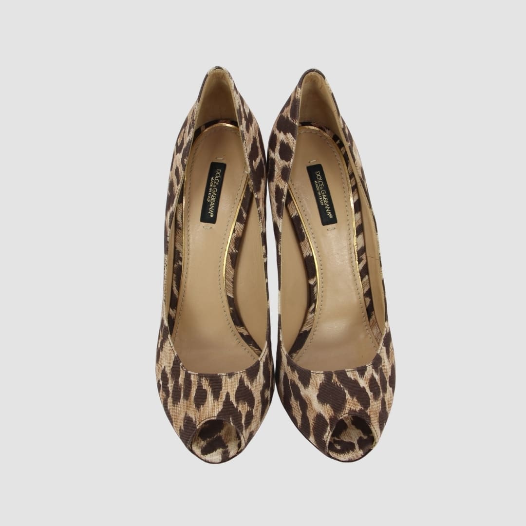 Dolce & Gabbana Brown Beige Leopard Print Canvas Peep Toe Pumps