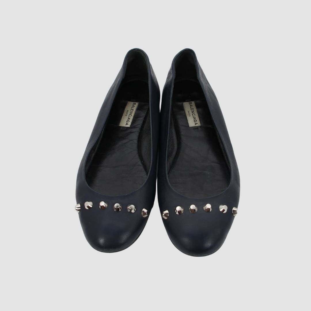 Balenciaga Navy Blue Leather Ballet Flats